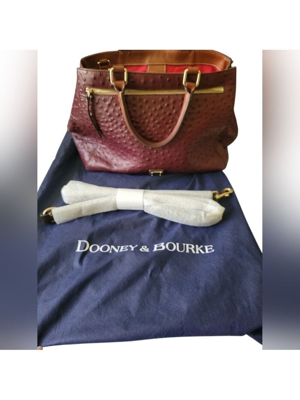 Dooney & Bourke Red Brow Ostrich Textured Leather Tote Bag Crossbody